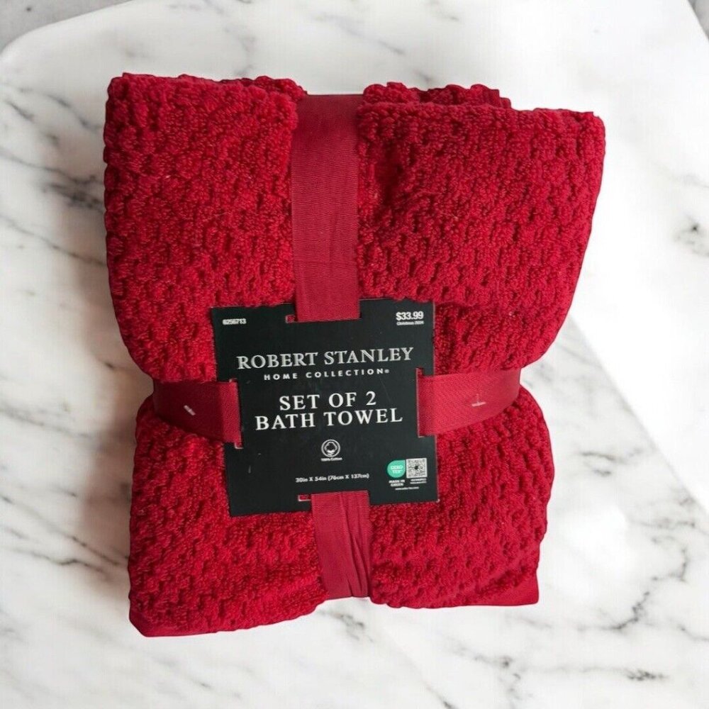 Robert Stanley 2 Piece Set 30” x 54” Red Bath Towels Home Collection Soft NEW